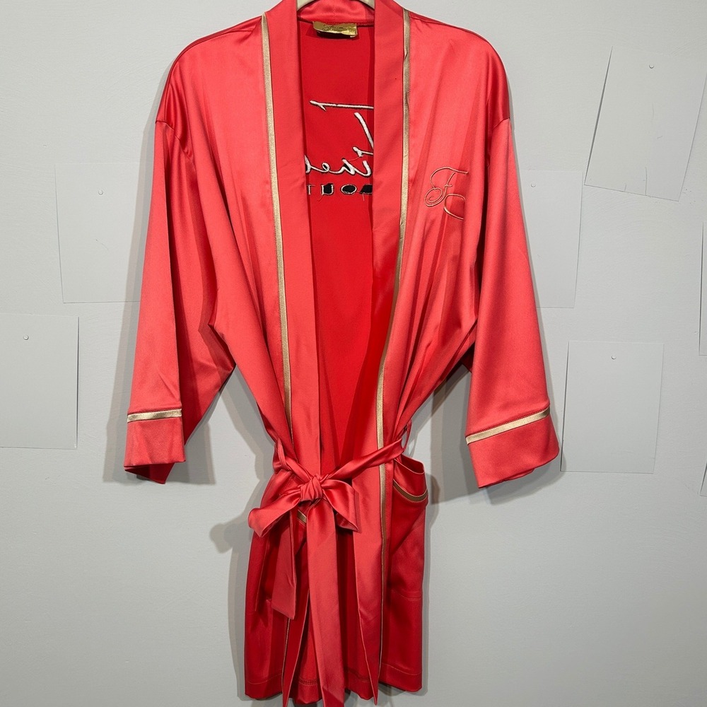 Finelli Couture Satin Robe OS Red Gold Trimâ Embroidered Logo Luxury Loungewear